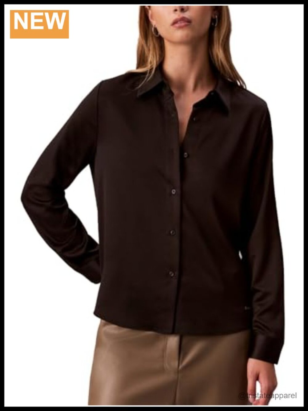 Satin Button-Down Shirt Long Sleeve Collared Neck